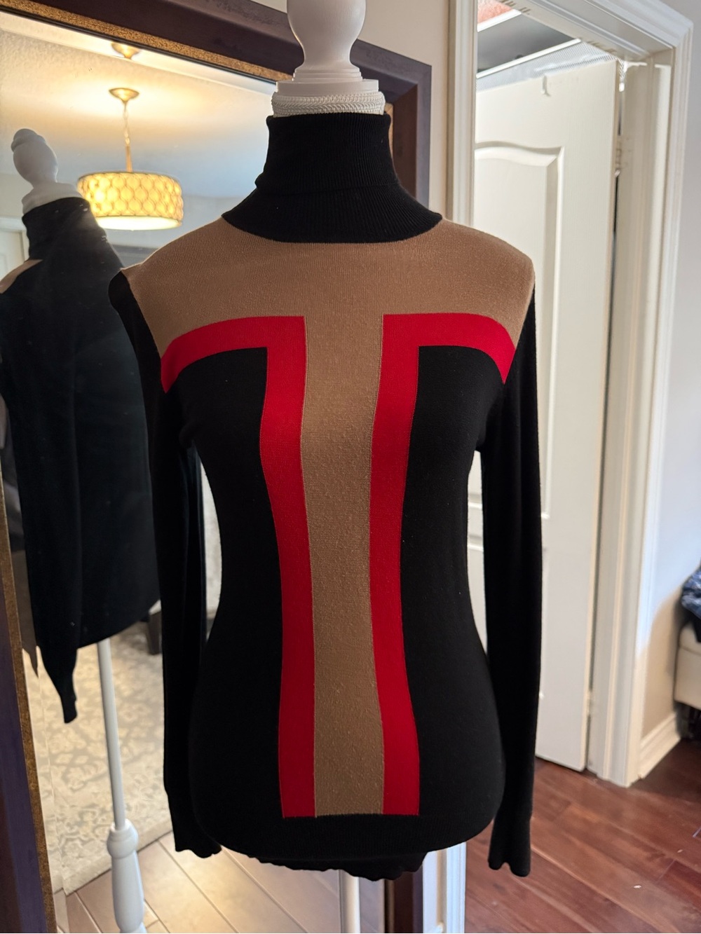 Wallis Black Turtleneck Sweater with Tan and Red Front Panels